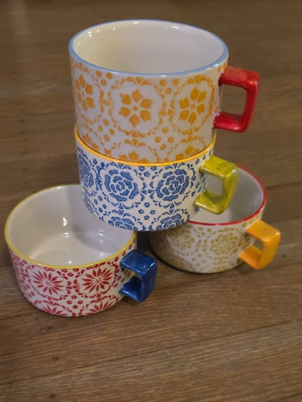 Pier 1 Multicolor Stacked Patterned Ceramic Mugs with Chrome Stand -Set Of 4
